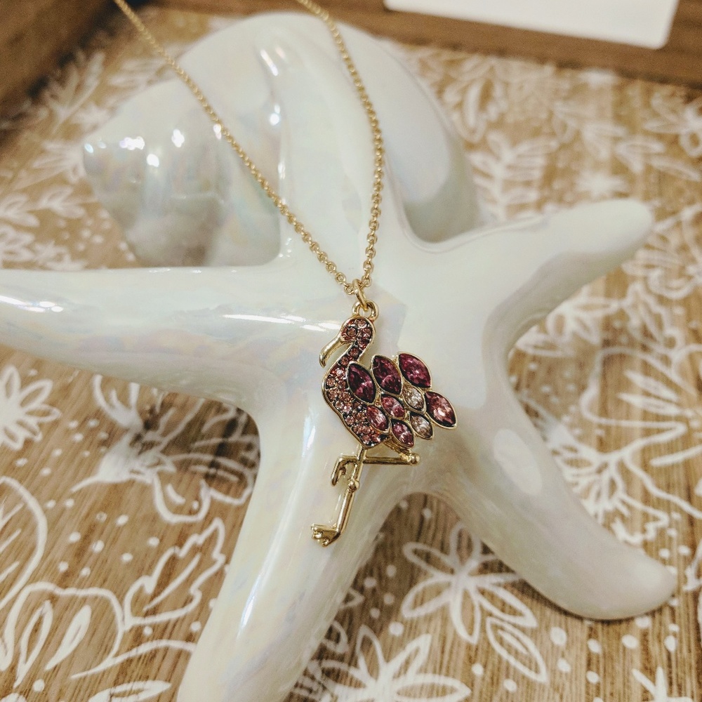 Pink Crystal Flamingo Necklace on Golden Chain
